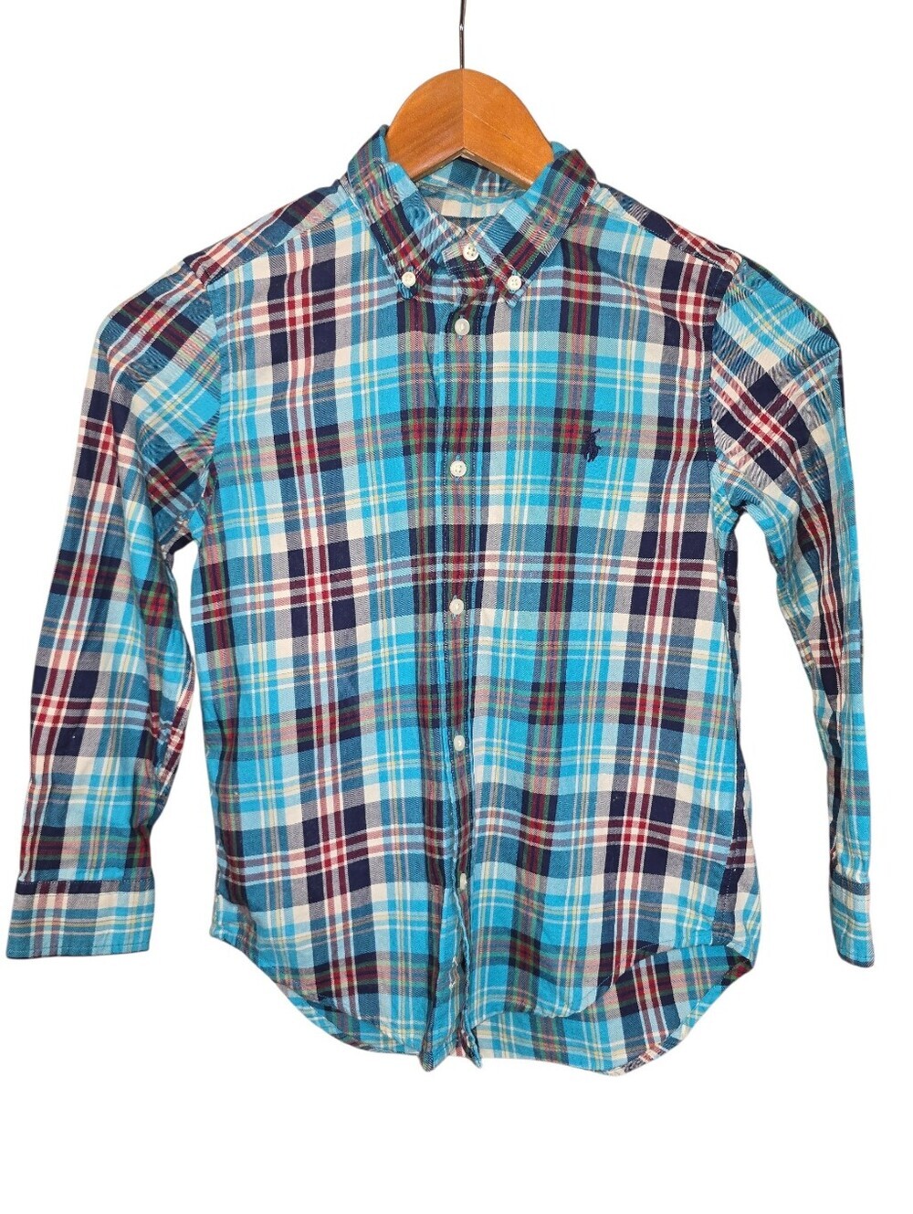 Ralph Lauren Boys Plaid Button-Down Long Sleeve Collar Shirt 100% Cotton Size 7